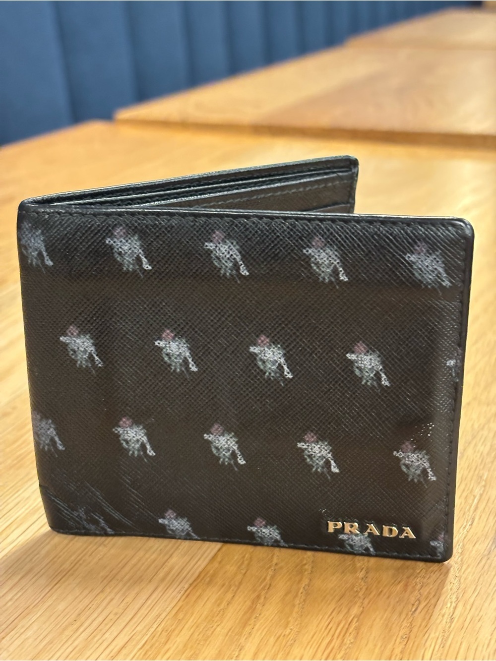 Prada Black Saffiano Leather Card Holder Wallet with Printed Motif